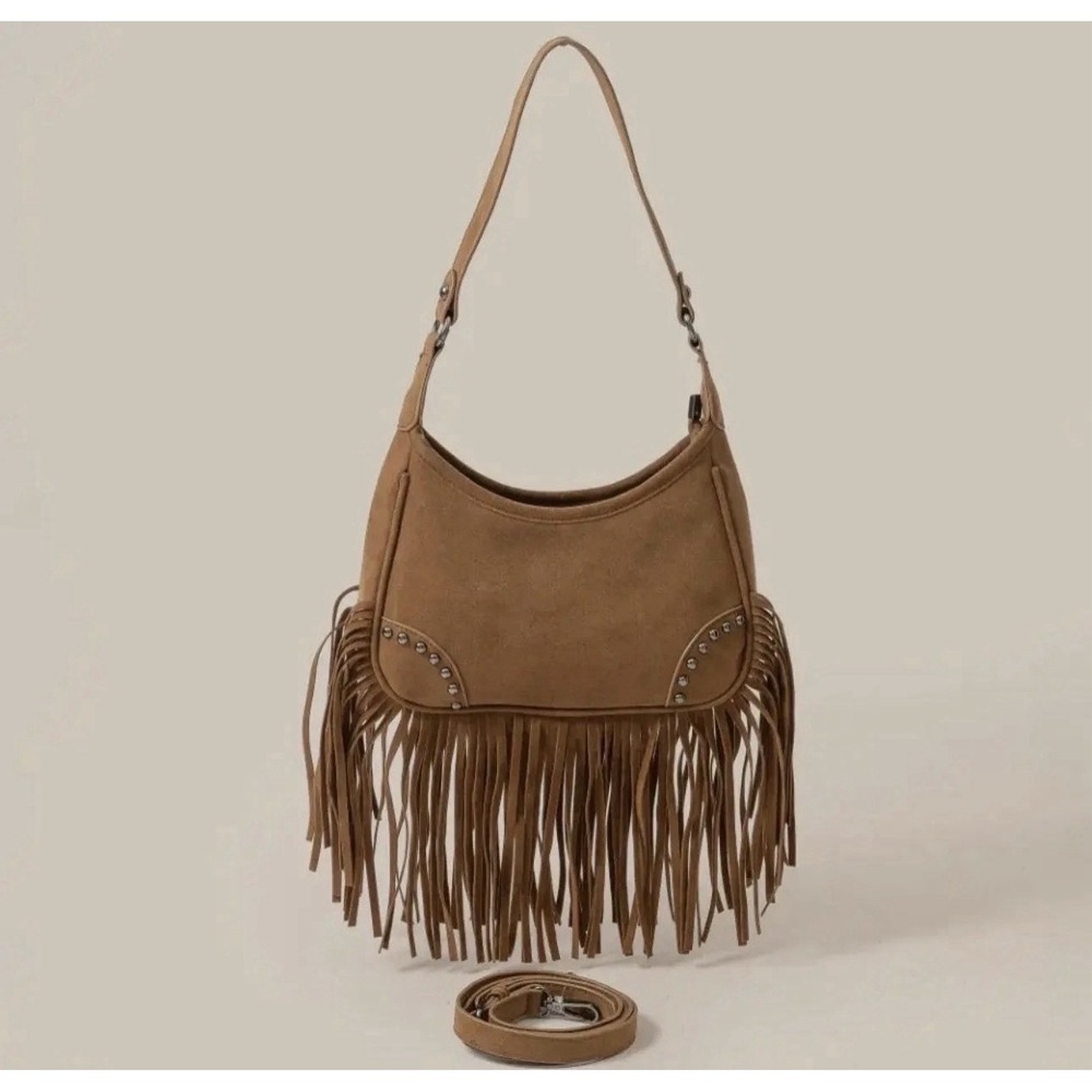 Boho Western Fringe Crossbody Bag Brown Faux Suede Leather Studded Hippie Purse